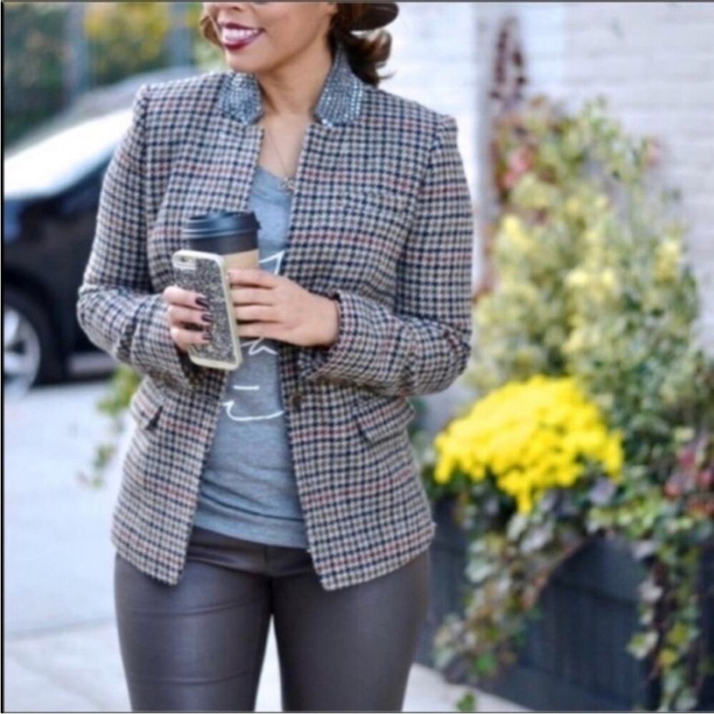J.Crew Regent houndstooth embellished blazer jacket XS 2 jewel collar rhinestone - Picture 2 of 10